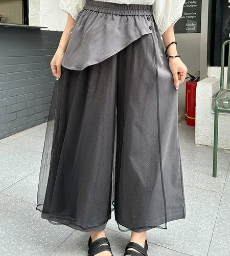 High Elastic Waist Gray Mesh Irregular Spliced Wide Leg Pants New Trousers Women Fashion Tide Spring Autumn 2025  1DJ1393
