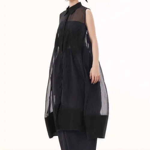Load image into Gallery viewer, Women Black Mesh Perspective Big Size Long Shirt Dress New Lapel Sleeveless Fashion Tide Spring Summer 2025 1DH9517
