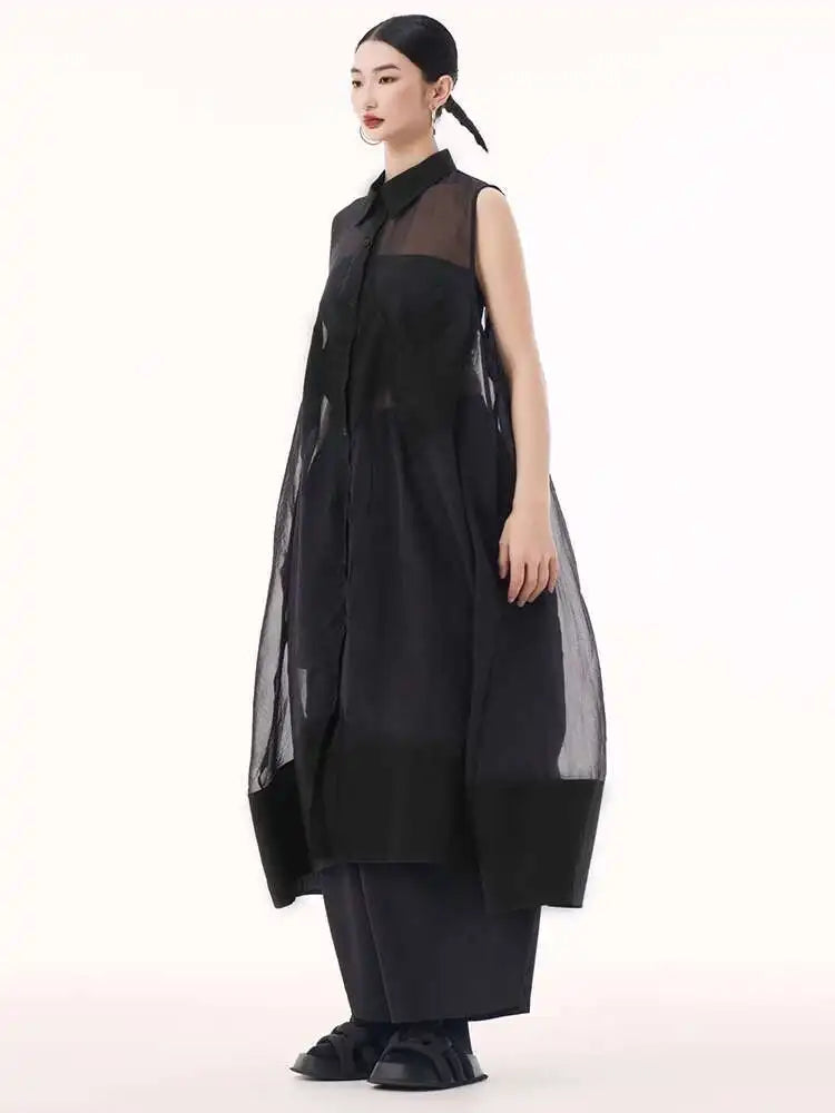 Women Black Mesh Perspective Big Size Long Shirt Dress New Lapel Sleeveless Fashion Tide Spring Summer 2025 1DH9517