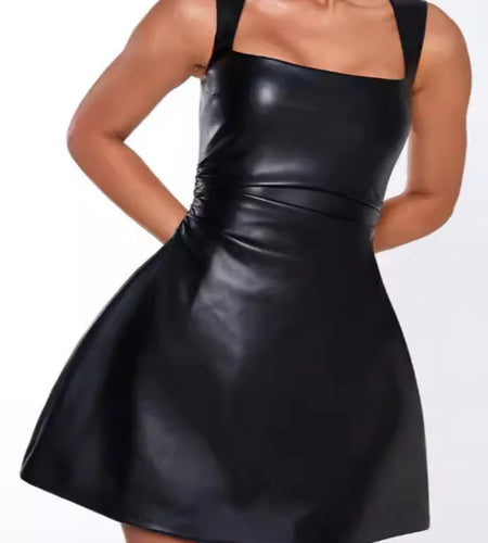Black PU Leather Sexy Mini Dress For Women Robe Fashion Square Collar Sleeveless Backless High Waist A-line Club Dress