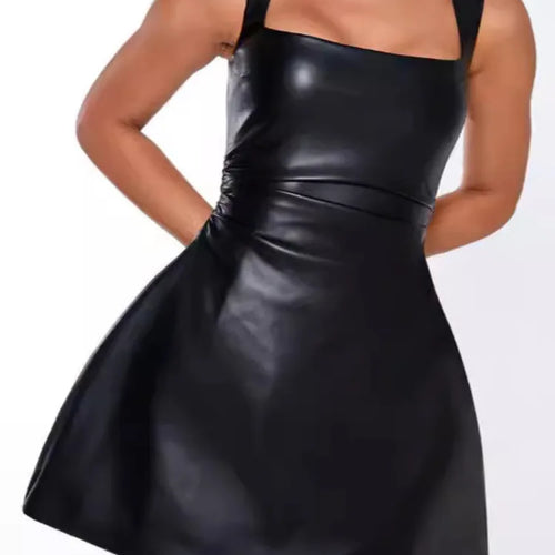 Load image into Gallery viewer, Black PU Leather Sexy Mini Dress For Women Robe Fashion Square Collar Sleeveless Backless High Waist A-line Club Dress
