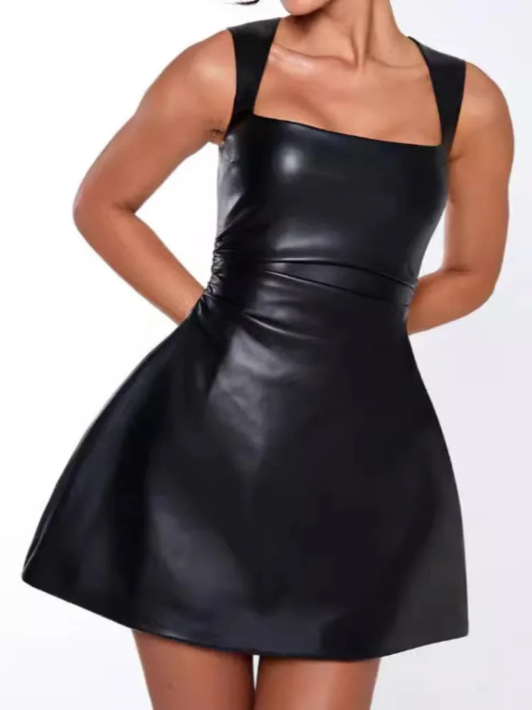 Black PU Leather Sexy Mini Dress For Women Robe Fashion Square Collar Sleeveless Backless High Waist A-line Club Dress