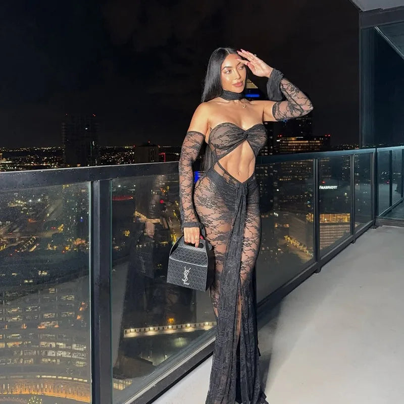 Lace See Through Strapless Sexy Maxi Dress For Women Gown Halter Hollow Out Sleeveless Backless High Split Long Dress