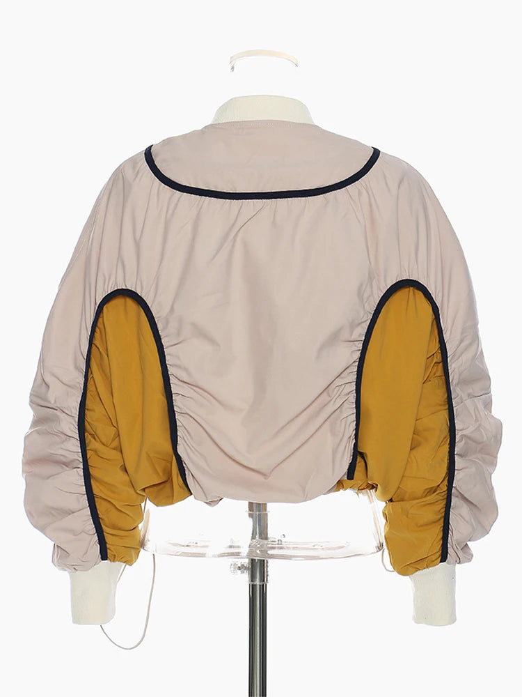 Khaki Color-block Drawstring Big Size Jacket New Stand Collar Long Sleeve Women Coat Fashion Spring Autumn 2025 1DH5645