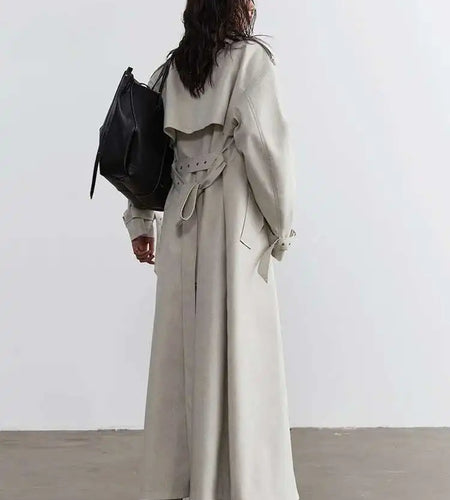 Women Beige Big Size Long Bandage Casual Trench New Lapel Long Sleeve Windbreaker Fashion Tide Spring Autumn 2025 1DH4712