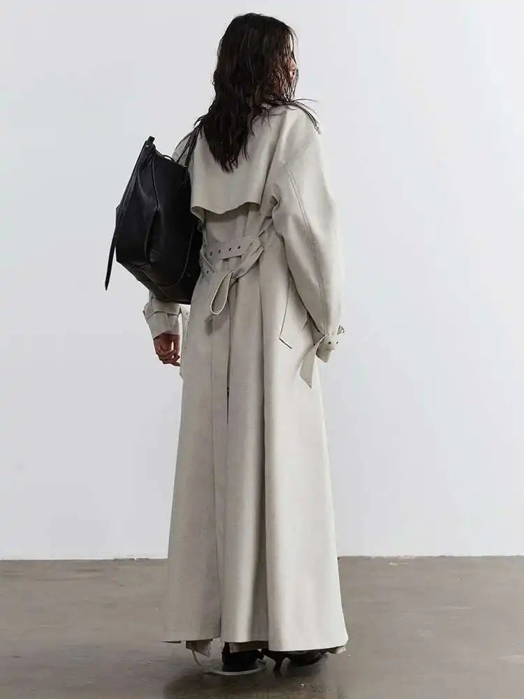 Women Beige Big Size Long Bandage Casual Trench New Lapel Long Sleeve Windbreaker Fashion Tide Spring Autumn 2025 1DH4712