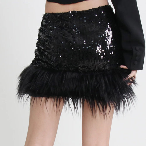Load image into Gallery viewer, Sexy Sequins Skirt For Women High Waist A Line Solid Minimalist Patchwork Feathers Mini Skirts Female Clothing
