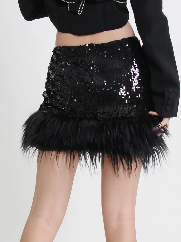 Sexy Sequins Skirt For Women High Waist A Line Solid Minimalist Patchwork Feathers Mini Skirts Female Clothing