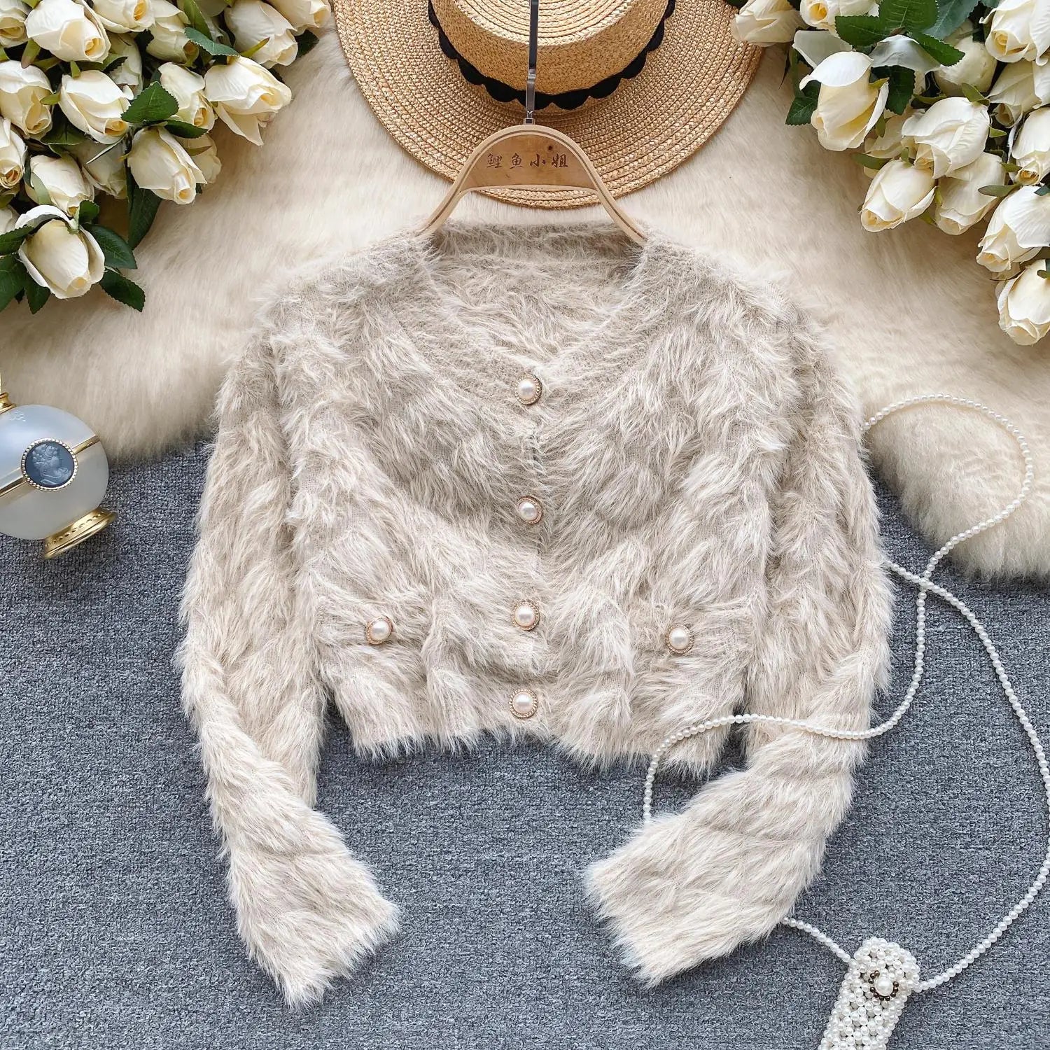 Female Women Fall Winter Solid Plush Mink Knitted Cardigan Sweater V-neck Long Sleeves Loose Single Breasted Jacket French Retro