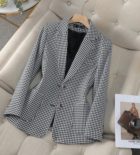 Autumn Winter Fashion Plaid Temperament Long Sleeved Elegant Blazer Coat Women Office Ladies Single Breasted Slim Tops Vacation
