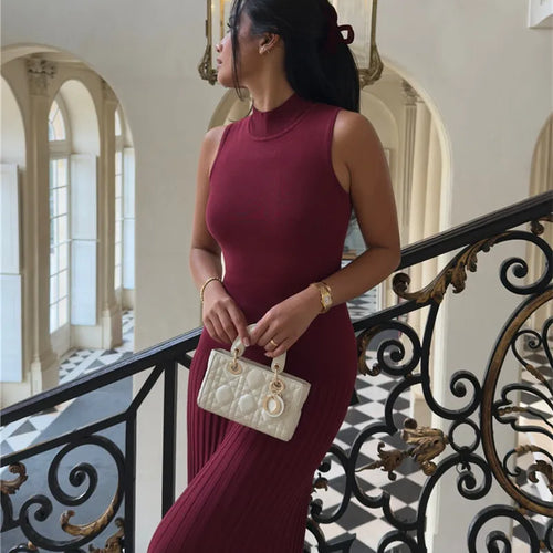 Load image into Gallery viewer, Half High Collar Sleeveless Knit Maxi Dress For Women Fashion Solid Bodycon Sexy Pleated Long Knitted Sweater Dress
