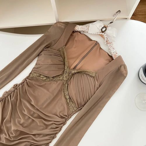 Load image into Gallery viewer, Autumn Winter Khaki Lace Square Neck Elegant Slim Pleated Dress For Women New Brown Mesh Long Sleeves Festival Short Dress Trend

