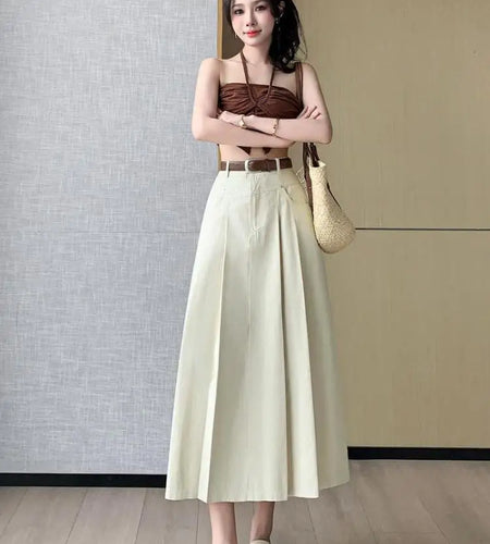 Black Beige Denim Long Skirt For Women 2024 Spring Summer New Brown High Waist Pleated A-line Umbrella Jean Skirts Office Lady