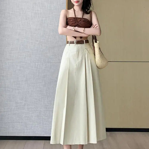 Load image into Gallery viewer, Black Beige Denim Long Skirt For Women 2024 Spring Summer New Brown High Waist Pleated A-line Umbrella Jean Skirts Office Lady
