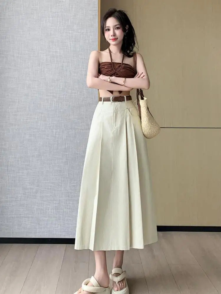 Black Beige Denim Long Skirt For Women 2024 Spring Summer New Brown High Waist Pleated A-line Umbrella Jean Skirts Office Lady