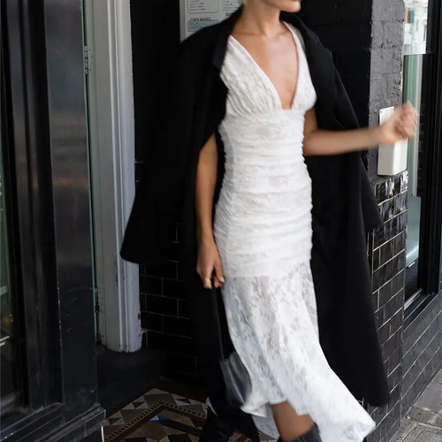 Load image into Gallery viewer, Lace Ruched Sexy Maxi Dress Women Gown White Patchwork Deep V Neck Sleeveless Backless High Waist Long Tank Dress
