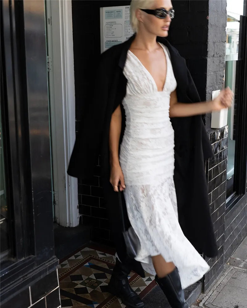 Lace Ruched Sexy Maxi Dress Women Gown White Patchwork Deep V Neck Sleeveless Backless High Waist Long Tank Dress