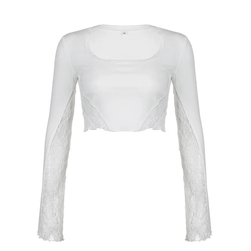 Load image into Gallery viewer, Fashion White Chic Slim Women T-shirts Solid Lace Patchwork Transparent Party Sexy Crop Top Square Neck Shirt Outfits
