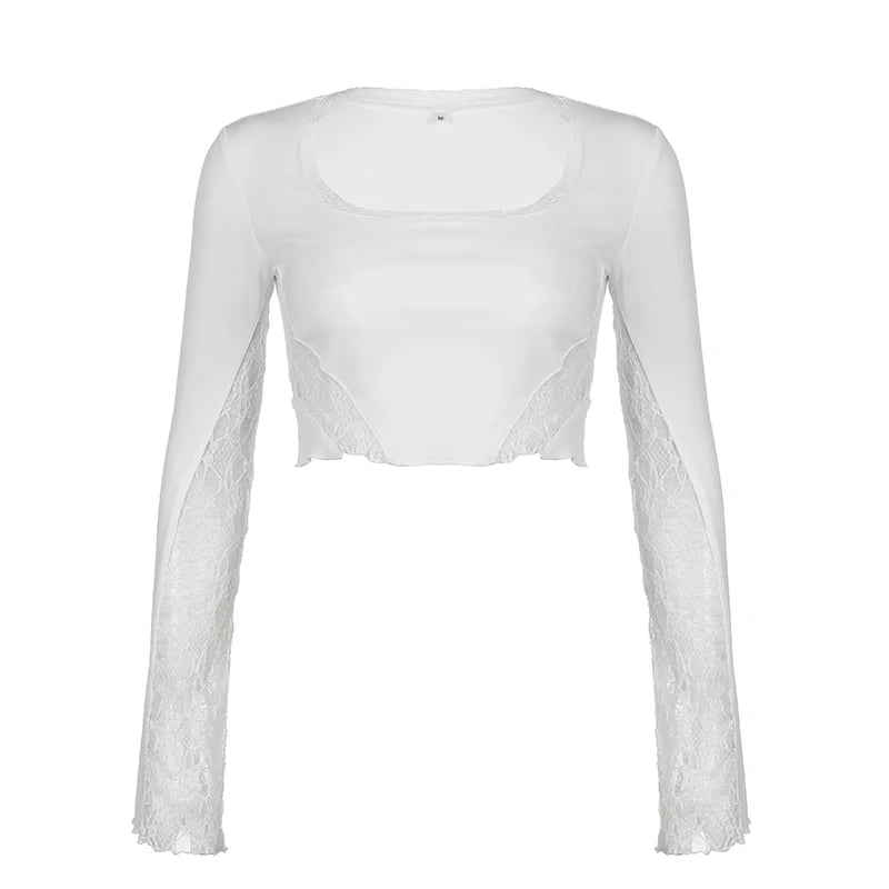 Fashion White Chic Slim Women T-shirts Solid Lace Patchwork Transparent Party Sexy Crop Top Square Neck Shirt Outfits