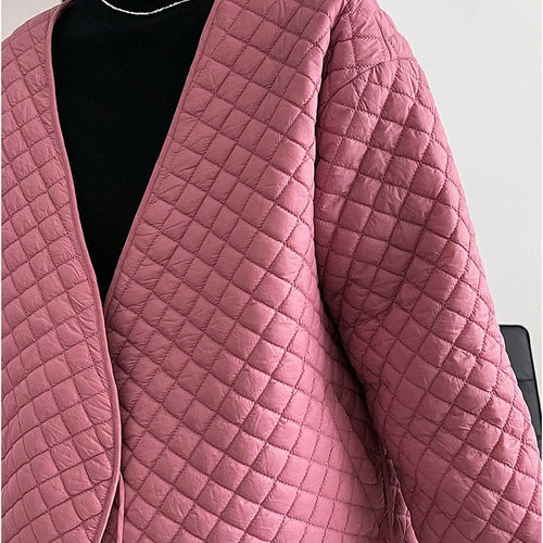 Load image into Gallery viewer, Women Autumn Parkas Coat Jackets Female Simple Loose Chic Korean V-Neck Diamond Plaid Long Sleeve Warm Pink Jacket Woman
