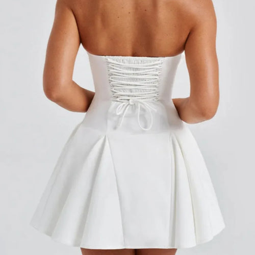 Load image into Gallery viewer, Bow Strapless Backless Sexy Mini Dress For Women Robe Fashion Solid Off-shoulder Sleeveless A-line Club Dress Vestido
