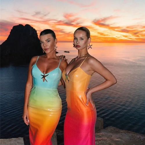 Load image into Gallery viewer, Sequins Spaghetti Strap Gradient Sexy Maxi Dress For Women Fashion Sleeveless Backless Split Sparkle Club Party Dress
