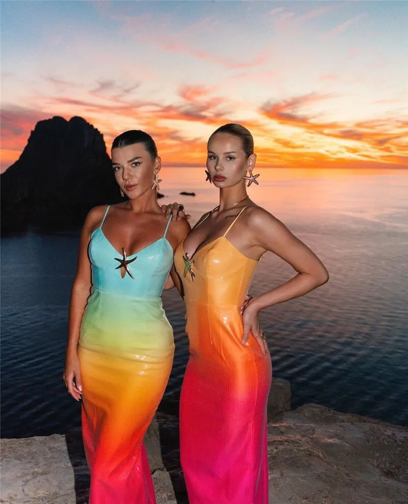 Sequins Spaghetti Strap Gradient Sexy Maxi Dress For Women Fashion Sleeveless Backless Split Sparkle Club Party Dress