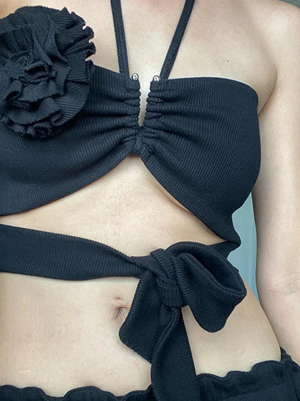 Summer New Sexy Pure Desire Hollow Out Flower Suspended Top Women Lace Up Wrapped Tank Top Female Slim Beachwear