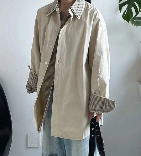 Women Khaki Plaid Double Layers Color-block Big Size Blouse New Lapel Long Sleeve Shirt Fashion Spring Autumn 2025 1DJ0728