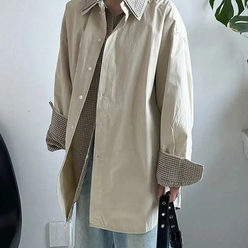 Load image into Gallery viewer, Women Khaki Plaid Double Layers Color-block Big Size Blouse New Lapel Long Sleeve Shirt Fashion Spring Autumn 2025 1DJ0728
