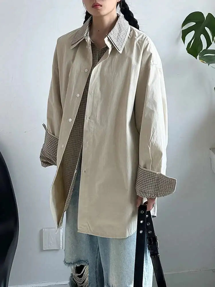 Women Khaki Plaid Double Layers Color-block Big Size Blouse New Lapel Long Sleeve Shirt Fashion Spring Autumn 2025 1DJ0728