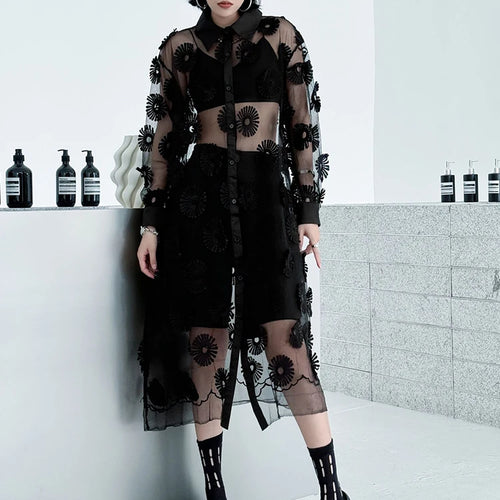 Load image into Gallery viewer, Women Black Mesh Embroidery Perspective Big Size Shirt Dress New Lapel Long Sleeve Fashion Spring Summer 2025 1DJ1154
