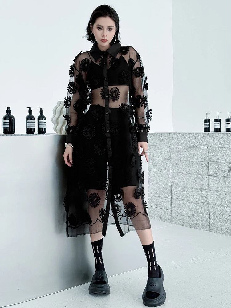 Women Black Mesh Embroidery Perspective Big Size Shirt Dress New Lapel Long Sleeve Fashion Spring Summer 2025 1DJ1154