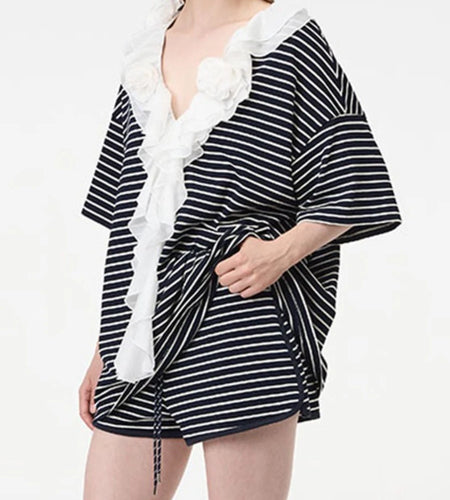 Loose Spliced Striped Two Piece Sets for Women V Neck Short Sleeves Patchwork Fungus Folds Top Short Set Female New