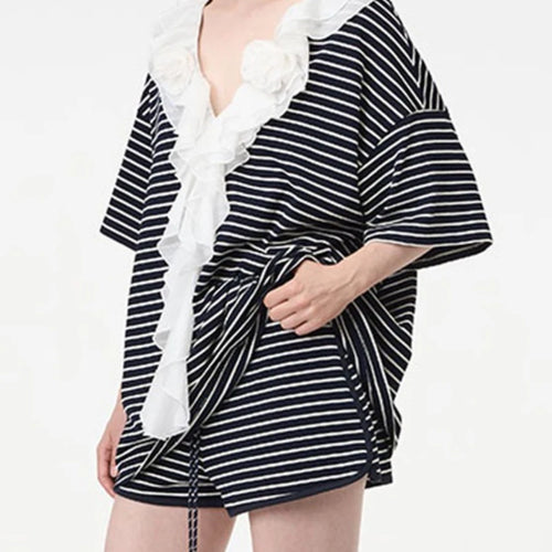 Load image into Gallery viewer, Loose Spliced Striped Two Piece Sets for Women V Neck Short Sleeves Patchwork Fungus Folds Top Short Set Female New
