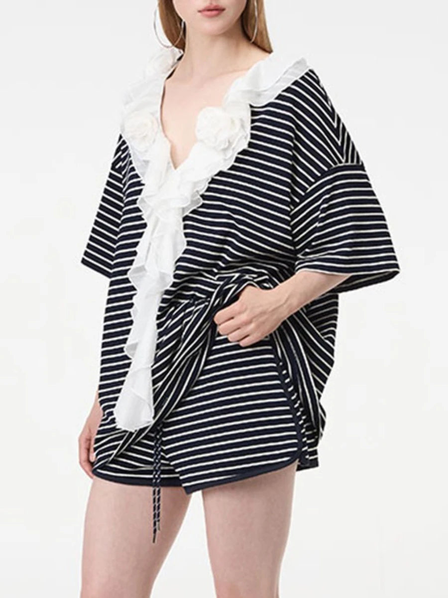 Loose Spliced Striped Two Piece Sets for Women V Neck Short Sleeves Patchwork Fungus Folds Top Short Set Female New