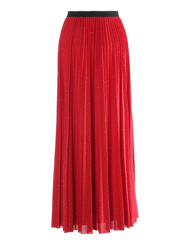 High Elastic Waist Purple Rhinestones Pleated A-line Half-body Skirt Women Fashion Tide New Spring Autumn 2025 1DJ1032