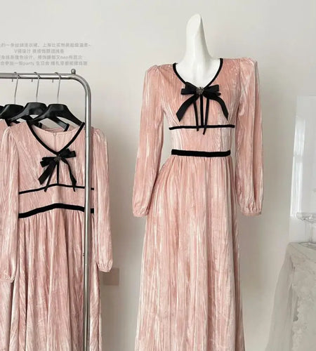 French Retro Women Pink Velvet Patchwork Slim Bow Dress Autumn Winter Long Sleeved High Waist Pleated Evening Party Dress Trendy