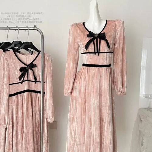 Load image into Gallery viewer, French Retro Women Pink Velvet Patchwork Slim Bow Dress Autumn Winter Long Sleeved High Waist Pleated Evening Party Dress Trendy
