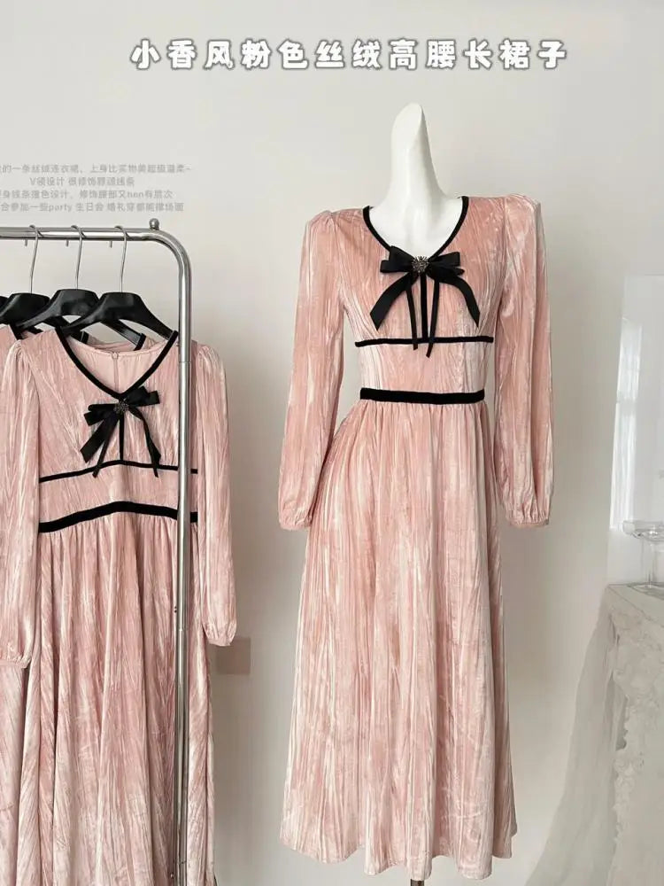 French Retro Women Pink Velvet Patchwork Slim Bow Dress Autumn Winter Long Sleeved High Waist Pleated Evening Party Dress Trendy