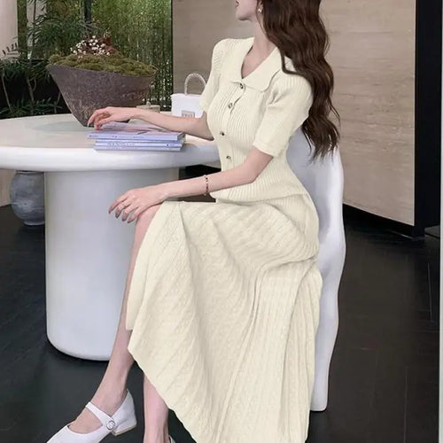 Load image into Gallery viewer, Spring Summer 2025 New Korean Style Black Beige Slim Short Sleeves Dress Women Fashion Green Elegant Single Breasted Long Dress
