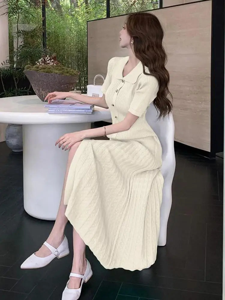 Spring Summer 2025 New Korean Style Black Beige Slim Short Sleeves Dress Women Fashion Green Elegant Single Breasted Long Dress