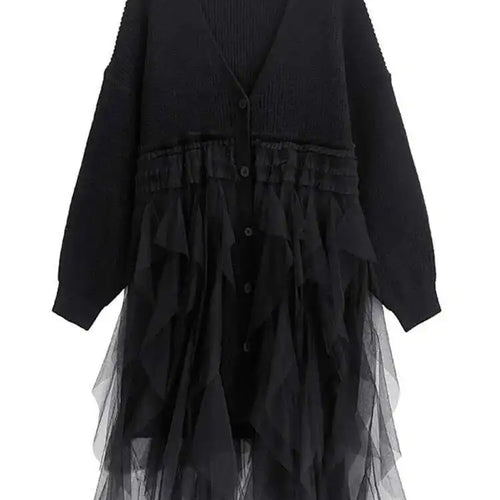 Load image into Gallery viewer, Women Black Big Size Knitting Mesh Irregular Sweater Dress New V-Neck Long Sleeve Fashion Spring Autumn 2025 1DH2366
