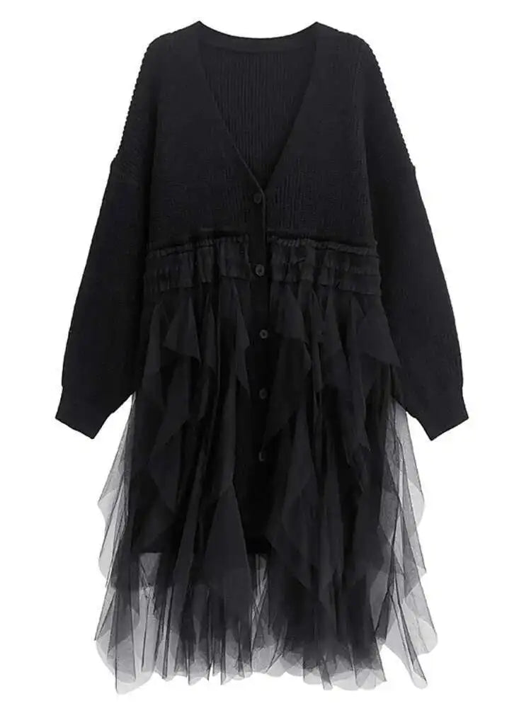 Women Black Big Size Knitting Mesh Irregular Sweater Dress New V-Neck Long Sleeve Fashion Spring Autumn 2025 1DH2366