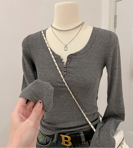 2024 Autumn Women Gray Button Long Sleeve T Shirt Korean Style Casual Vintage Pink Slim O Neck Beige Pullover Tops Fashion Trend