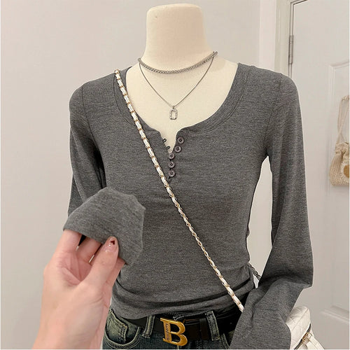 Load image into Gallery viewer, 2024 Autumn Women Gray Button Long Sleeve T Shirt Korean Style Casual Vintage Pink Slim O Neck Beige Pullover Tops Fashion Trend
