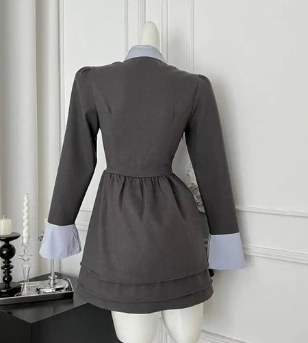 French 2025 Women Grey Patchwork Elegant Long Sleeved Button High Waist Short Dress Spring Autumn College Style Pleated Dresses