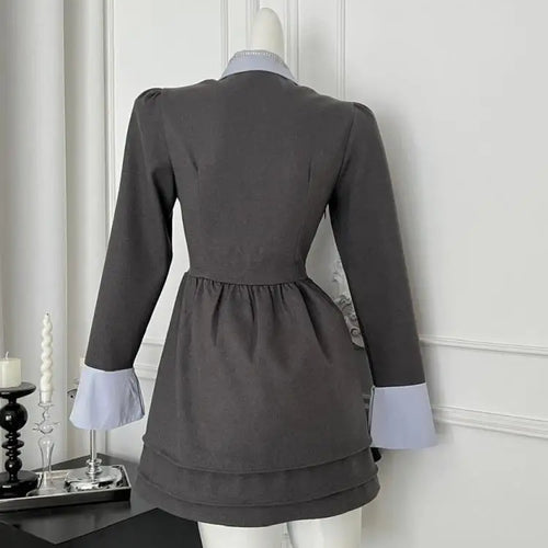 Load image into Gallery viewer, French 2025 Women Grey Patchwork Elegant Long Sleeved Button High Waist Short Dress Spring Autumn College Style Pleated Dresses
