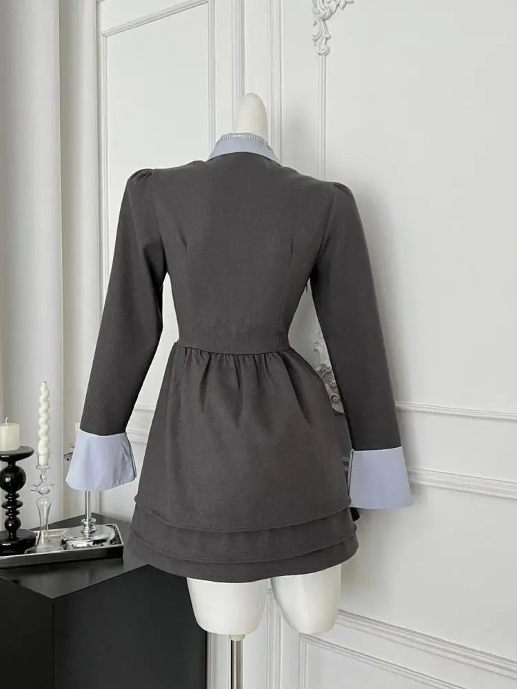 French 2025 Women Grey Patchwork Elegant Long Sleeved Button High Waist Short Dress Spring Autumn College Style Pleated Dresses