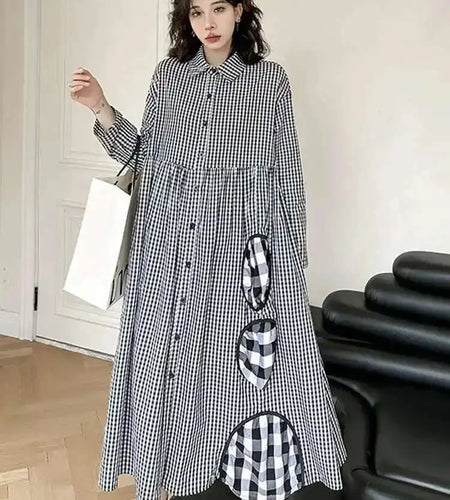 Women Black Plaid Pocket Vintage Big Size Midi Shirt Dress New Lapel Long Sleeve Fashion Tide Spring Autumn 2025 1DH6567